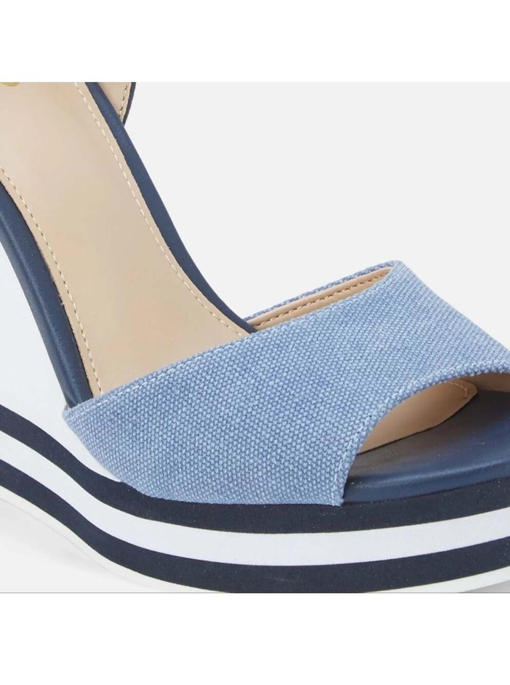 Aldo Broa Navy Blue Denim And White Stripe Platform Wedge Sandal - Picture 15 of 16